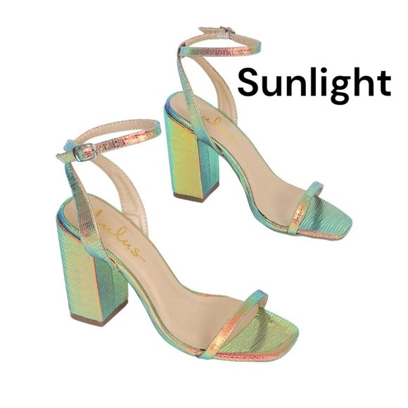 Lulus Shoes - Lulús LARSAA Gold Hologram Snake Embossed High Block Heels W SZ 9 Ankle Strap